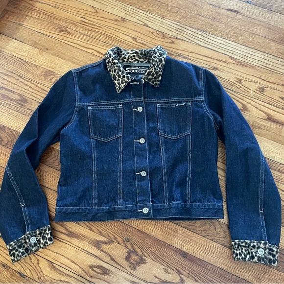 🎉HP!!🎉 Squeeze Stephen Hardy Y2K Faux Leopard Trim Jean Denim Jacket Women’s L - Picture 3 of 9